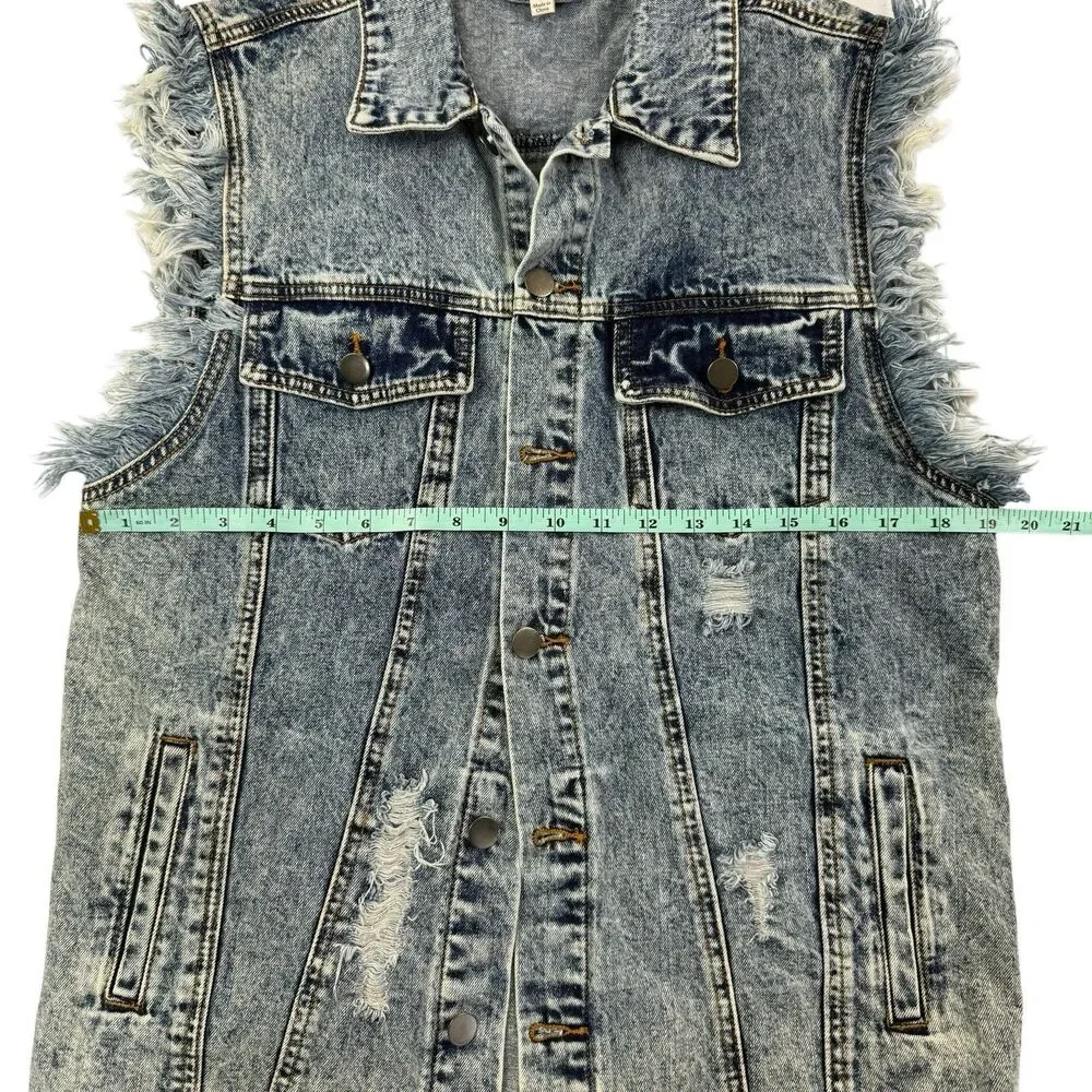 Umgee Acid Washed Denim Midi Vest Women Small Retro 90s Frayed Factory Distress - Picture 11 of 12
